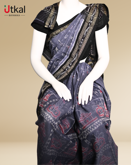 Grey with Black and Red Patterns Ikat Saree.