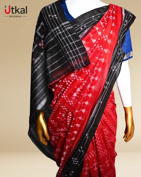 Red & Black Bagh Print Ikat Saree.