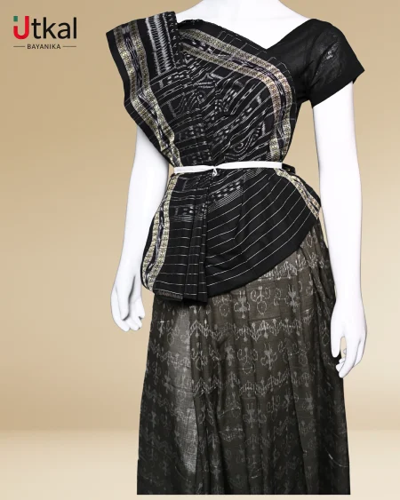 Black Sambalpuri Ikat Saree with Silver/Off-White Border.