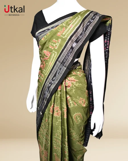 Olive Green Khandua Silk Ikat Saree.